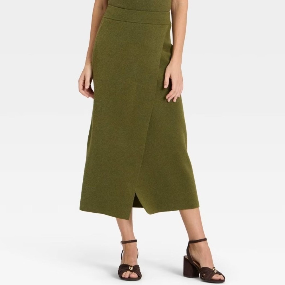 A New Day S Knit Wrap Midi Skirt Olive Green Minimalist Earthy Boho Hippie Retro